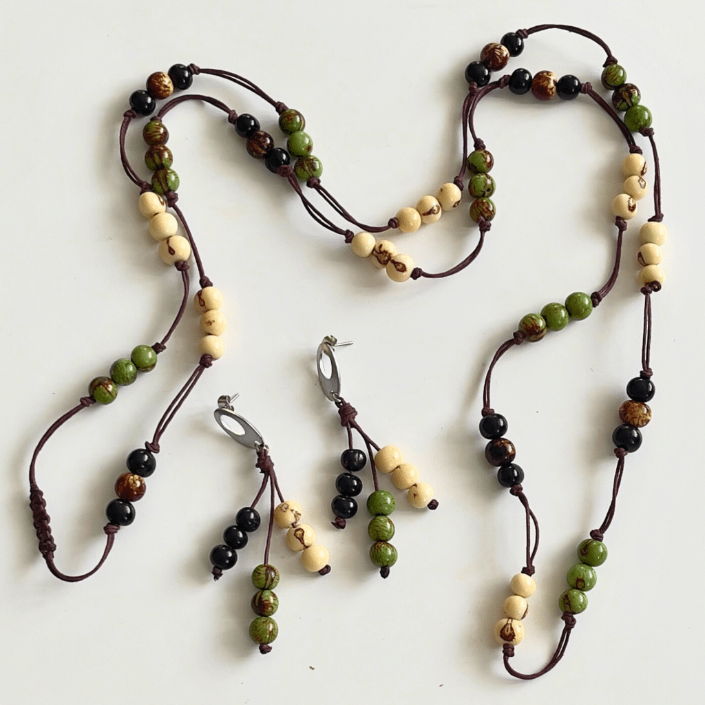 Acai Bead Long Necklace and Earrings Set