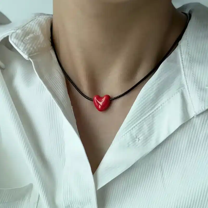 Red Ceramic Heart Pendant Necklace for Men and Women - Image 3